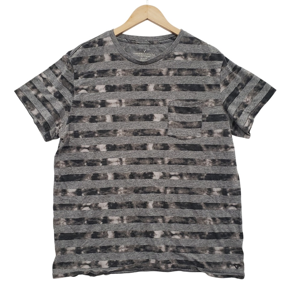 American Eagle Mens Striped Pocket T‎ Shirt Gray Black XXL Casual Streetwear